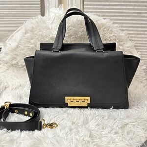 ZAC POSEN Eartha‎ Black Leather Rare Double Handle Satchel Crossbody Bag Large